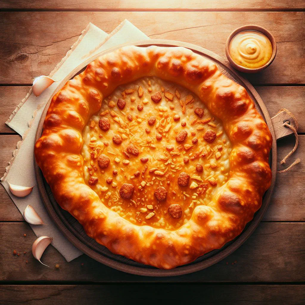 Golden deep-fried Langoš flatbread topped with garlic, sour cream and grated cheese