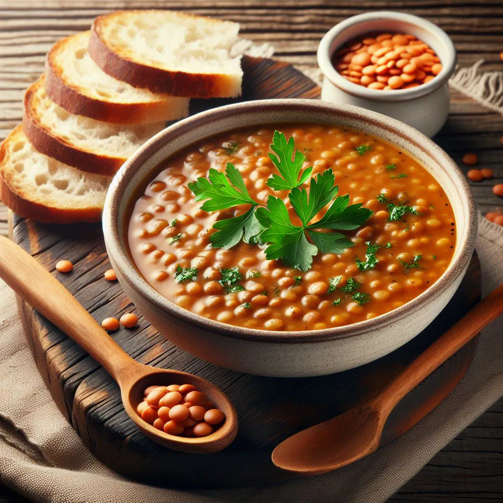 A bowl of thick Slovak lentil prívarok topped with fresh herbs