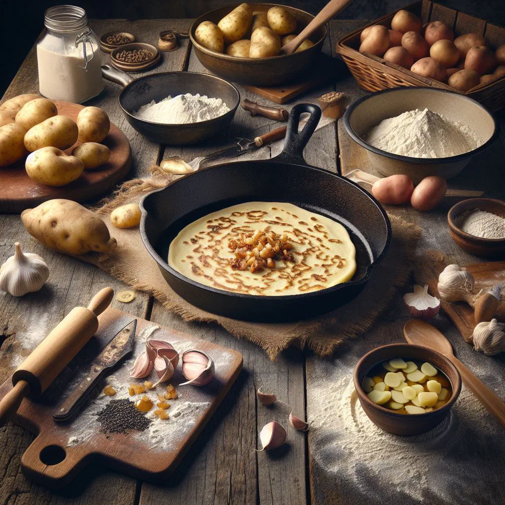 Stack of golden Slovak lokše potato flatbreads on a wooden board