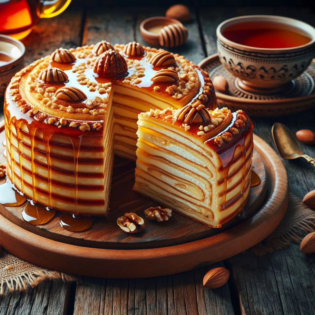 Slices of layered Slovak medovník honey cake with creamy filling