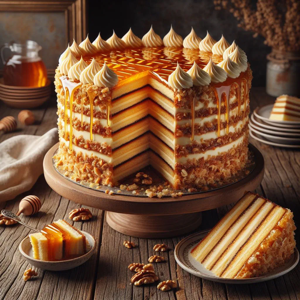 Slices of Slovak honey cake dusted with icing sugar