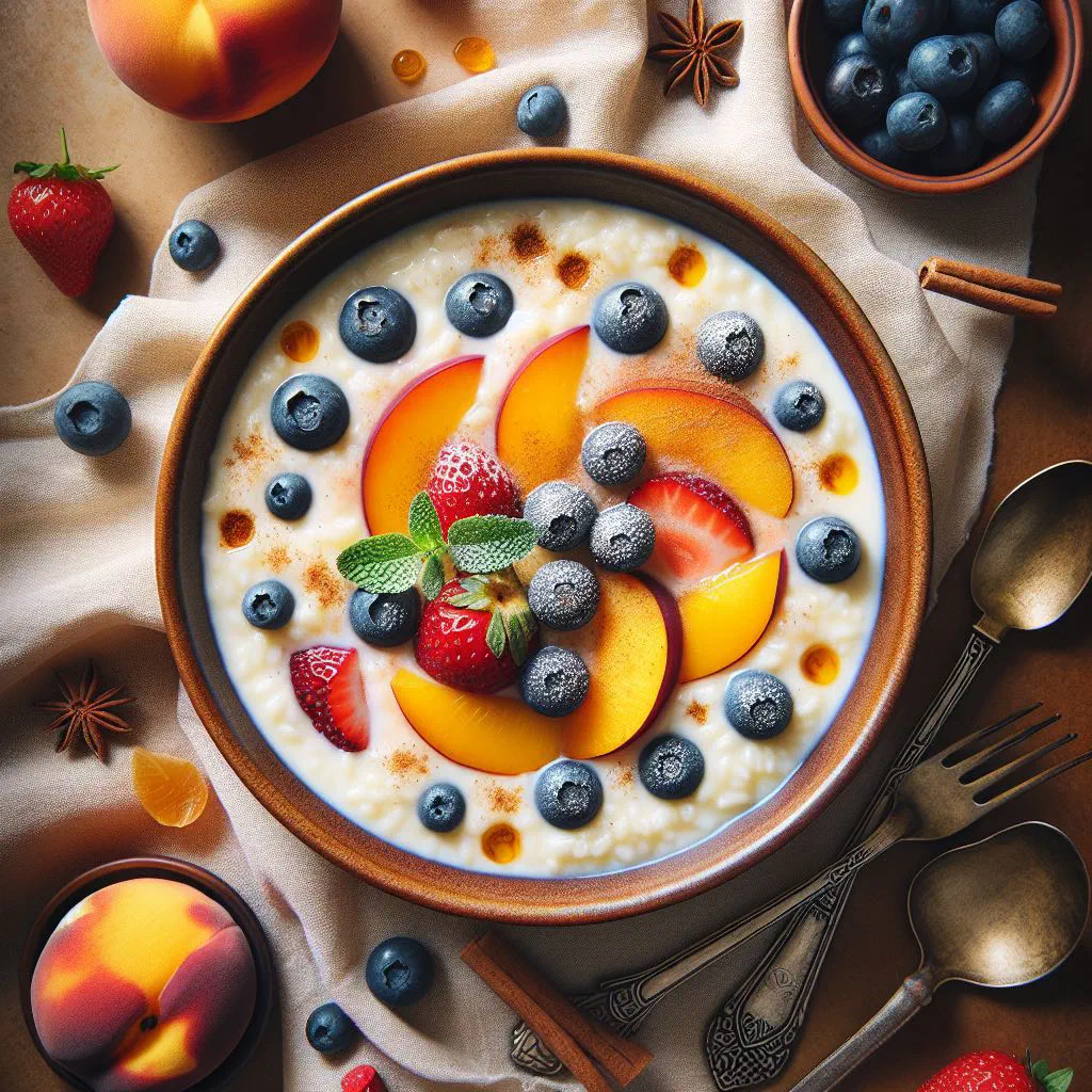 Creamy Slovak milk rice topped with fresh fruit and a dusting of cinnamon