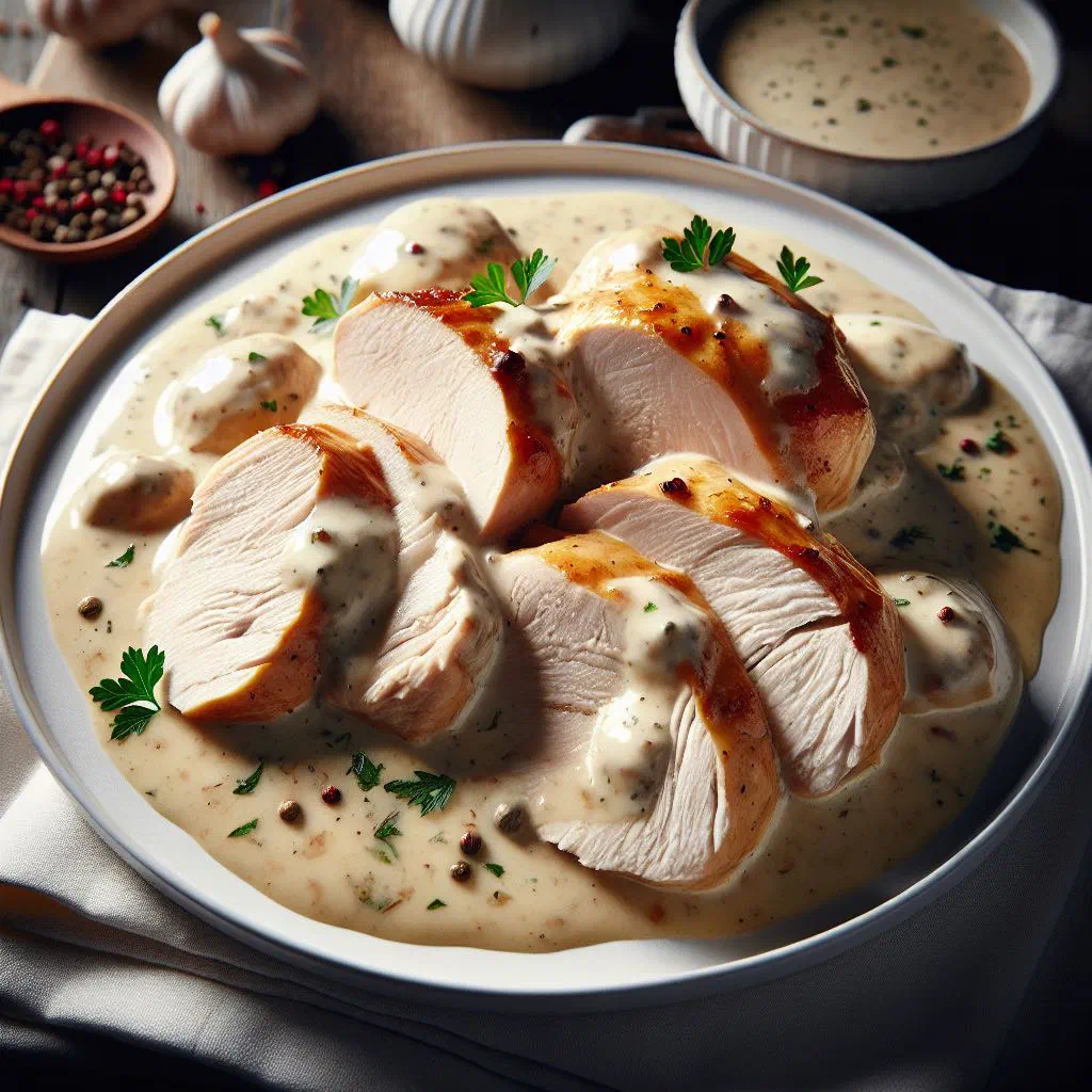 Sliced turkey breast in a creamy sauce garnished with fresh parsley