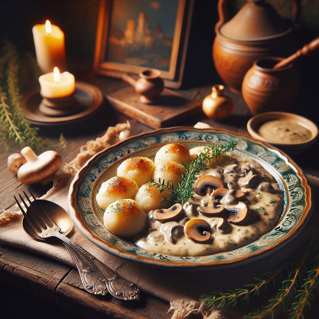 Creamy mushroom sauce garnished with fresh parsley in a rustic bowl