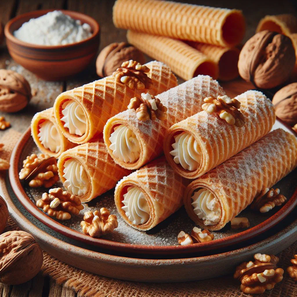 Crisp rolled Orechové Trubičky pastry tubes dusted with icing sugar