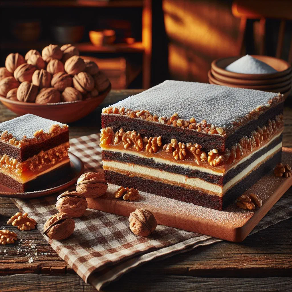 Sliced Slovak walnut and honey gingerbread dusted with icing sugar