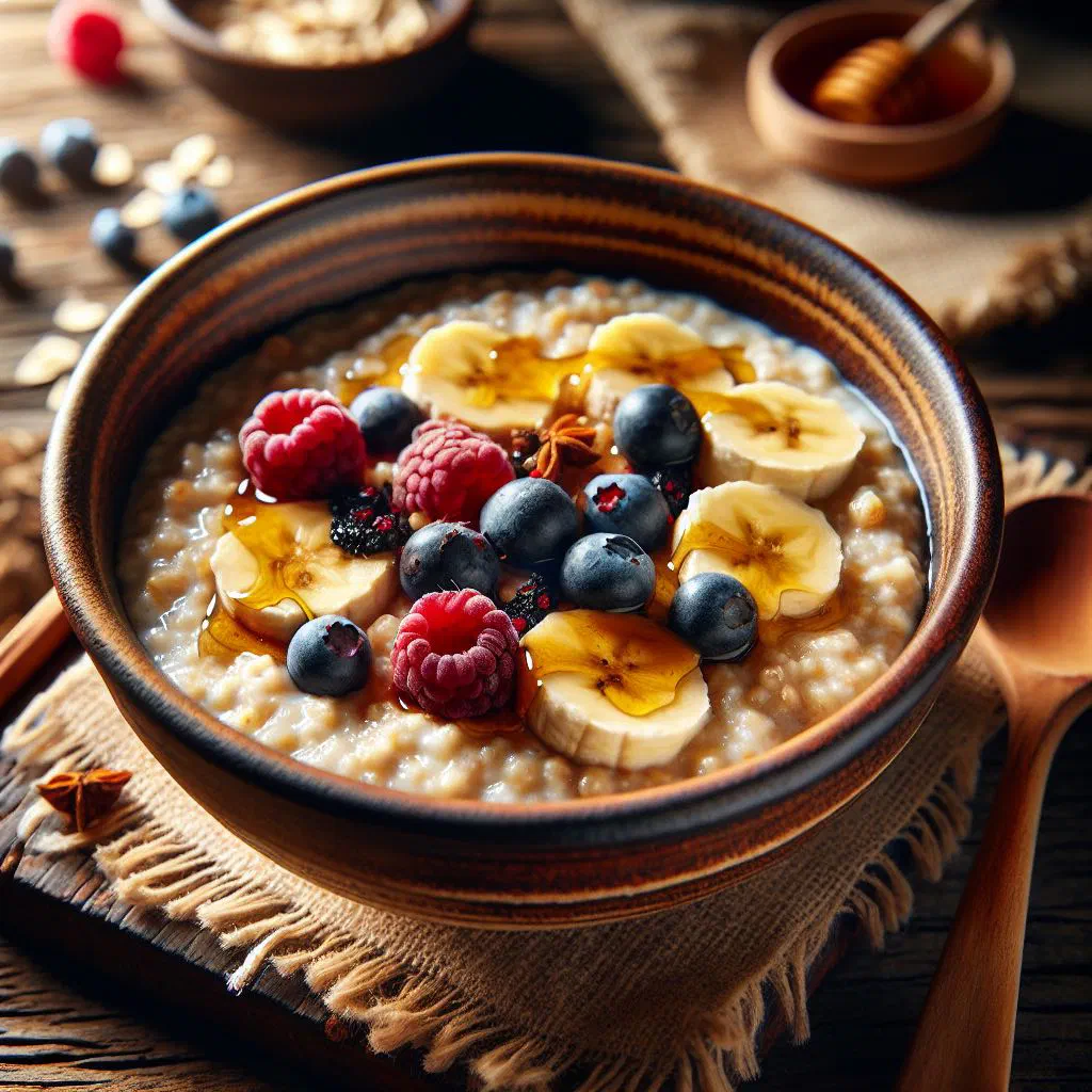 A bowl of creamy oat porridge topped with fresh fruit and nuts