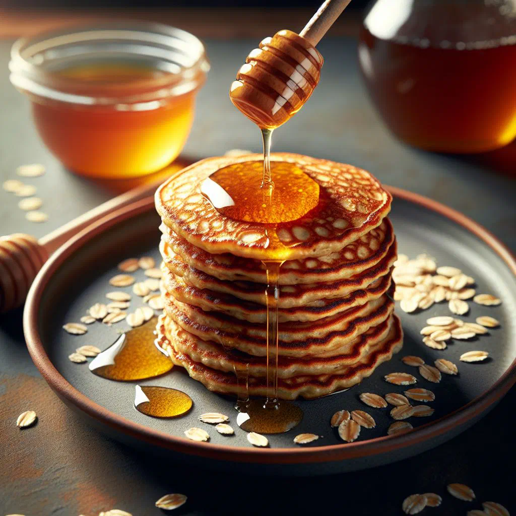 Golden oat pancakes drizzled with honey on a rustic plate