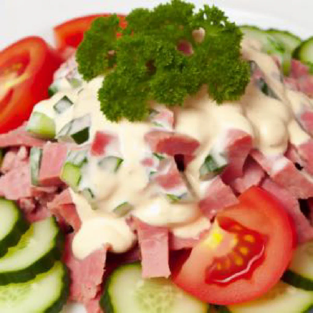 Slovak sausage salad with chopped frankfurters, cucumber, tomato and onion in a creamy dressing