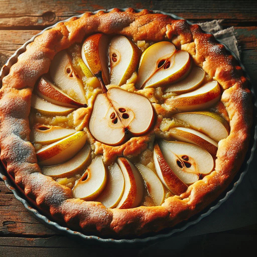 A golden Slovak pear cake dusted with icing sugar