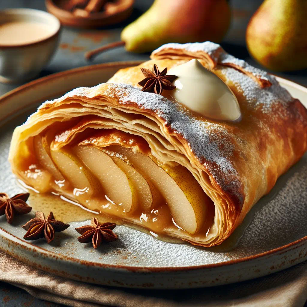 Golden baked pear strudel dusted with icing sugar on a serving plate