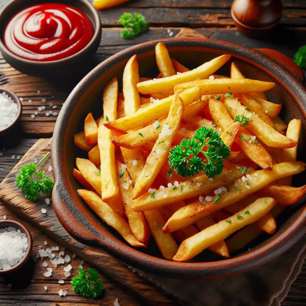 Golden baked potato fries dusted with paprika on a serving board