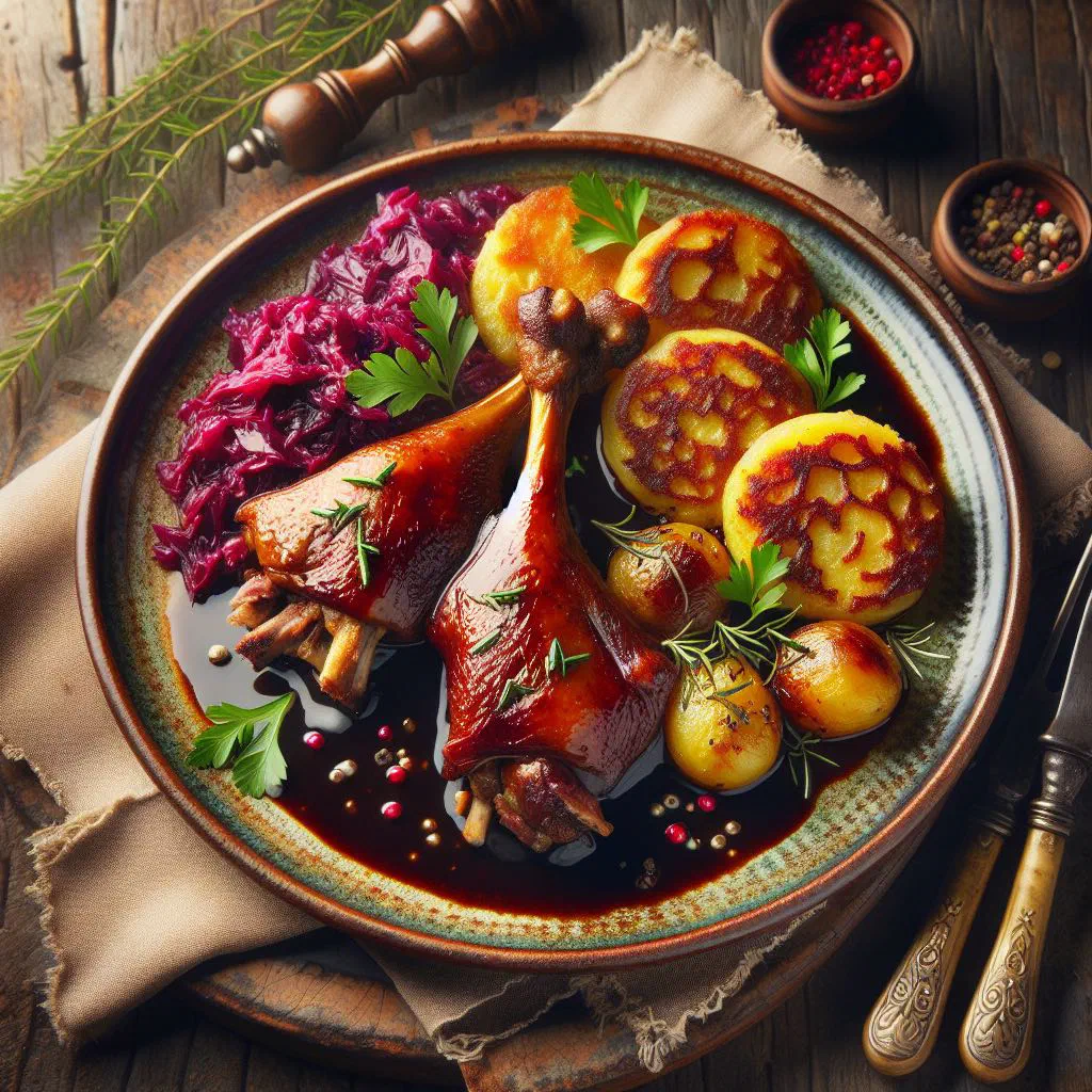 Crispy roast duck legs served with sauerkraut and dumplings