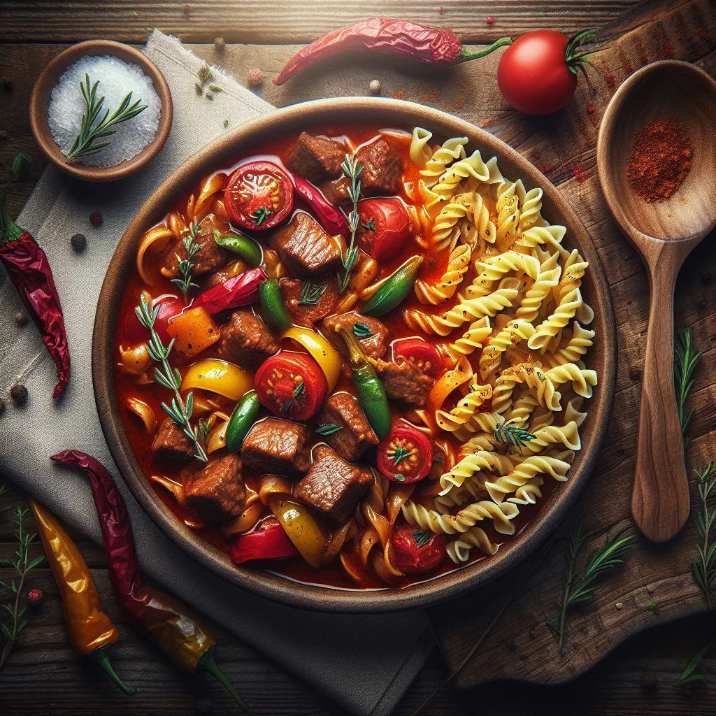 Slovak perkelt meat stew with paprika sauce served over tarhoňa pasta