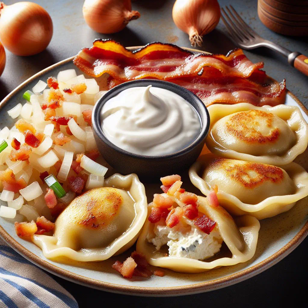 Slovak pirohy s tvarohom filled dumplings served with a dollop of soured cream