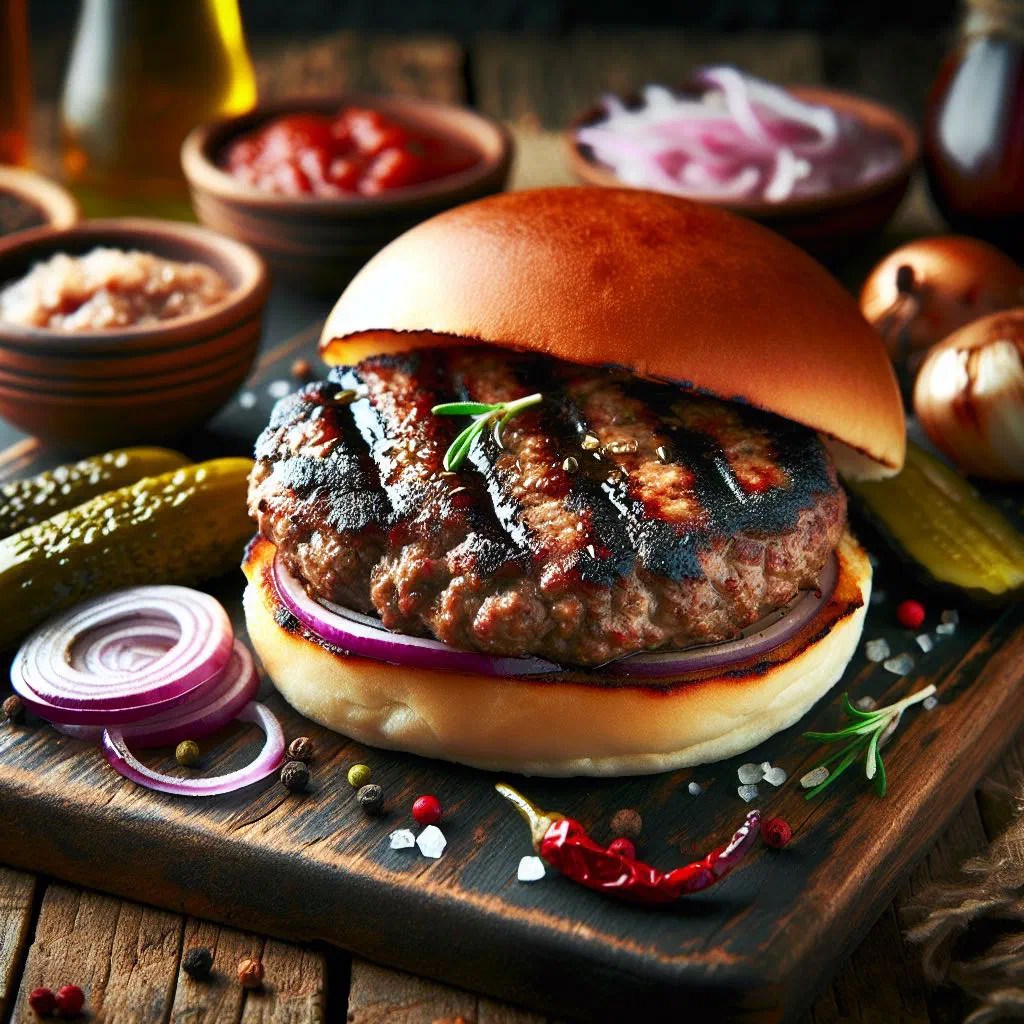 Grilled pleskavica meat patty served with bread, onions and peppers