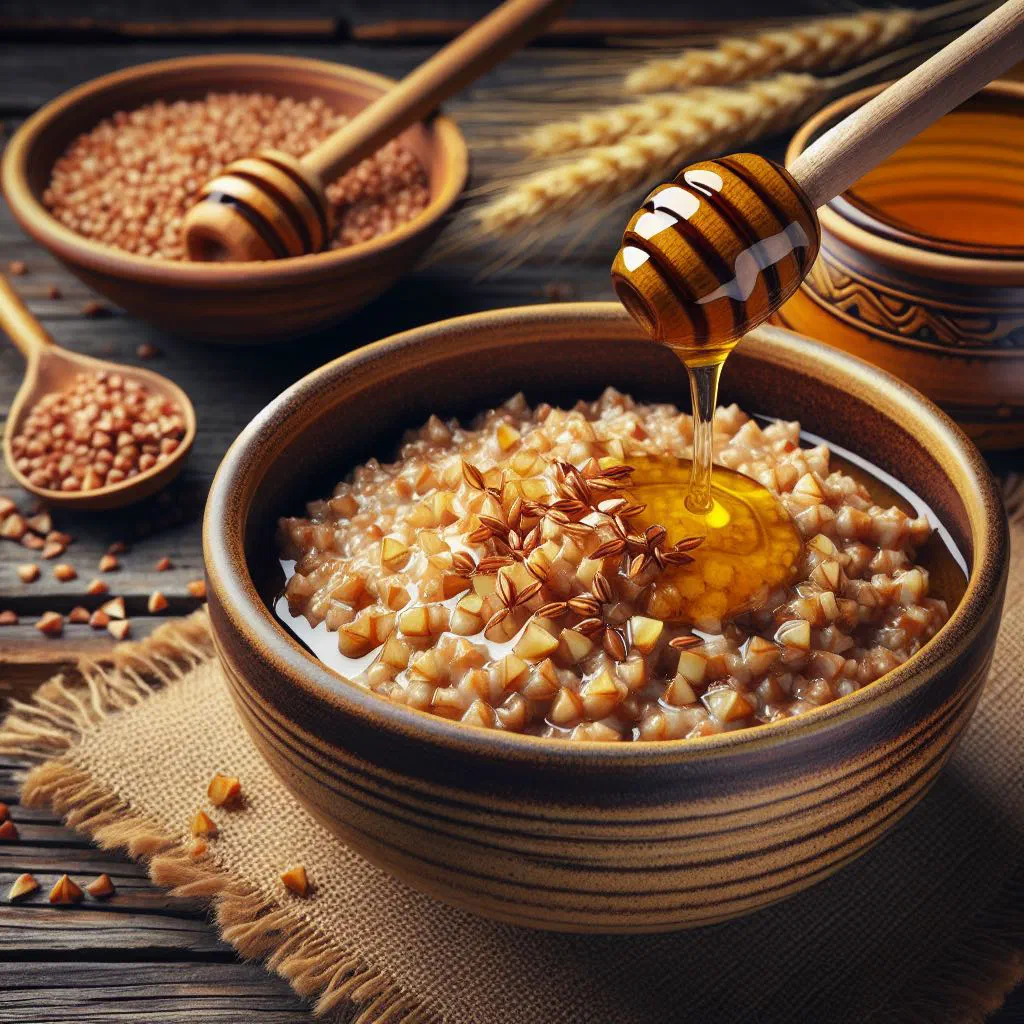 Bowl of warm buckwheat porridge drizzled with honey and topped with nuts and cinnamon
