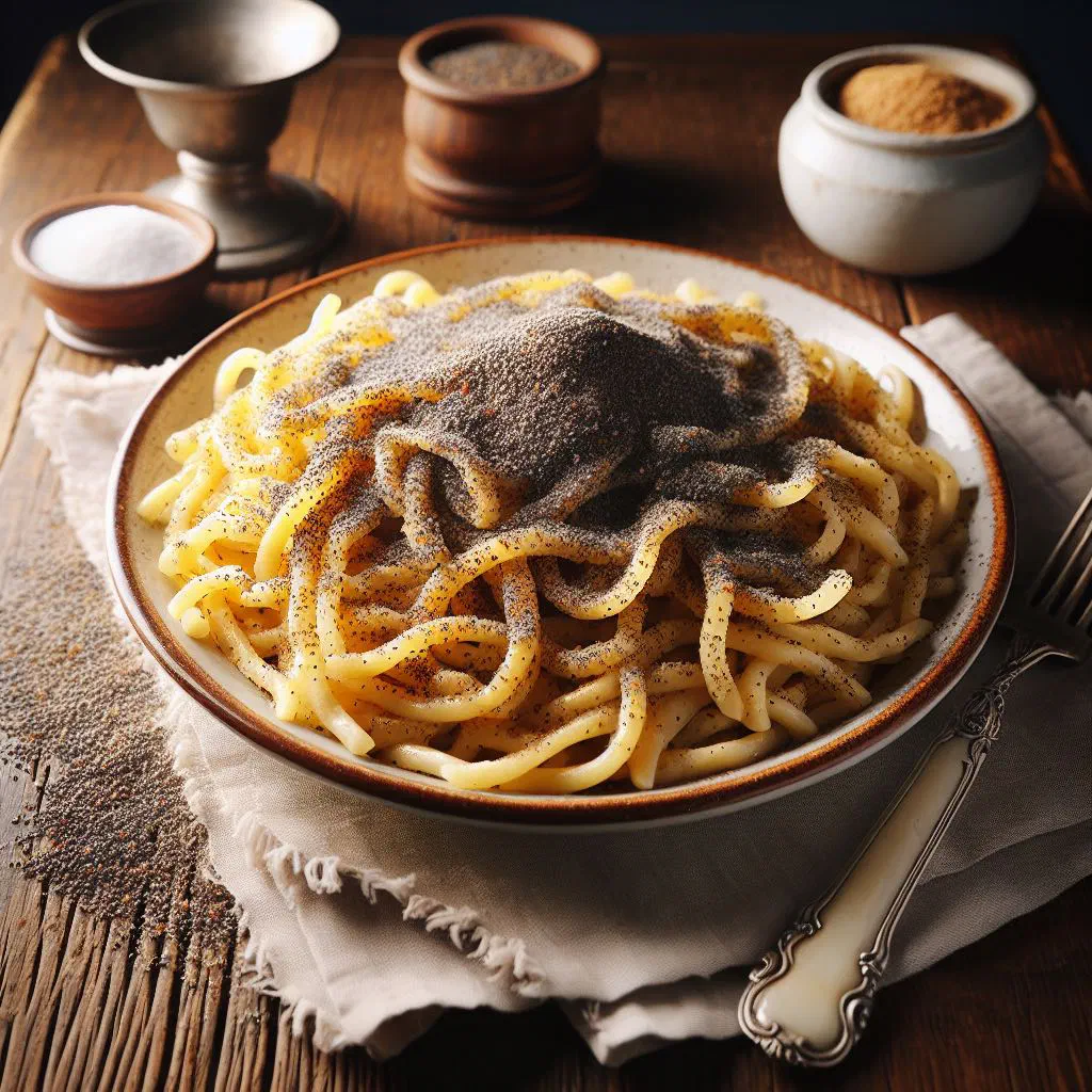 Bowl of Slovak poppy seed noodles dusted with icing sugar