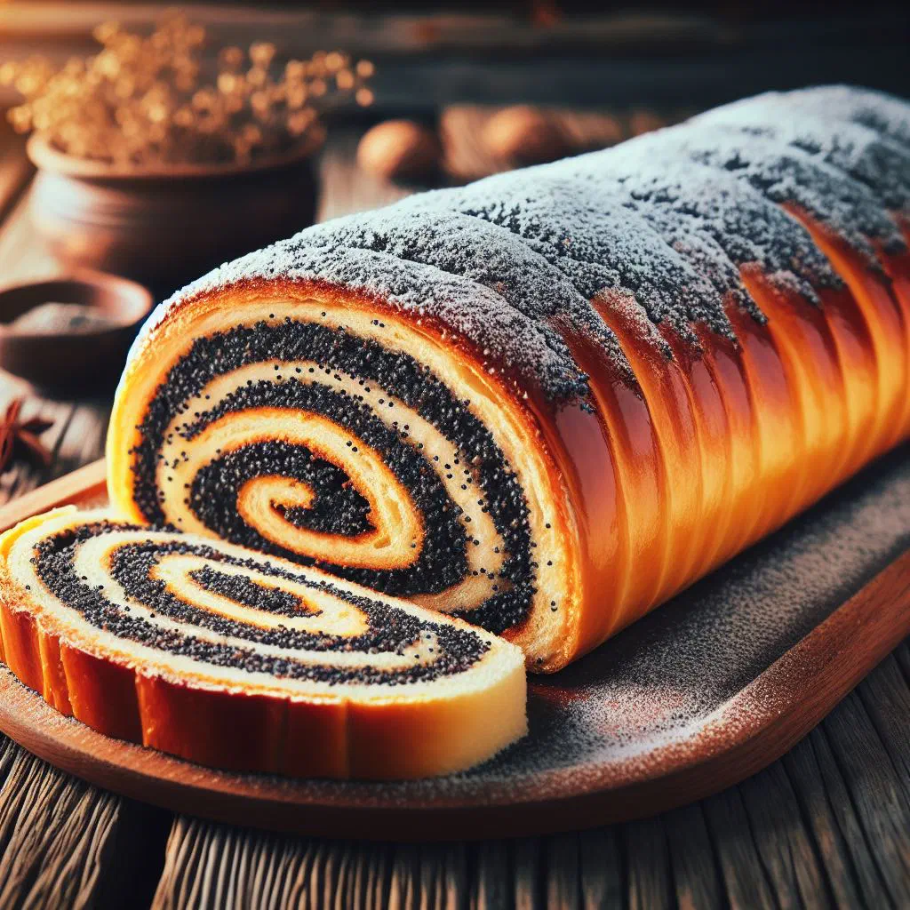 Sliced poppy seed strudel dusted with icing sugar