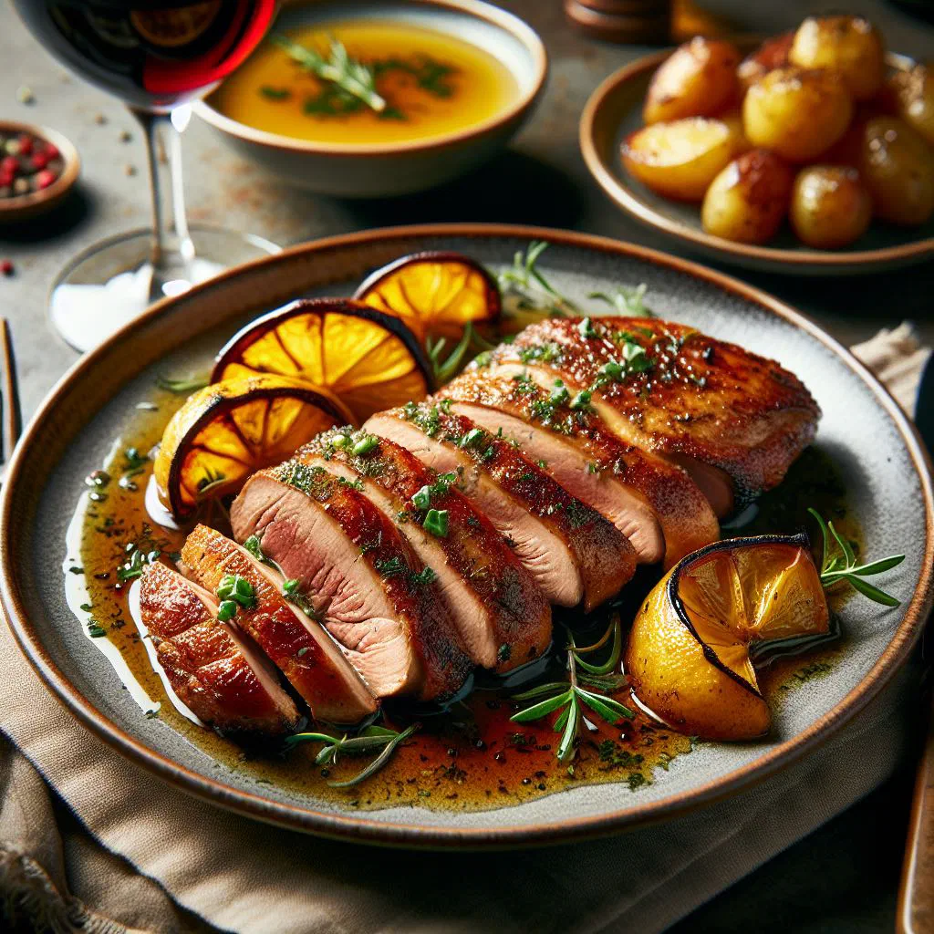 Sliced roast duck breast with crispy skin, apples and a rich red wine sauce