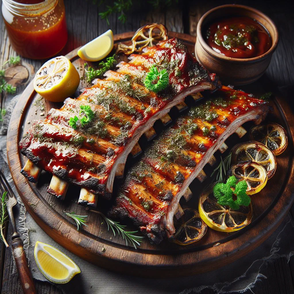 Tender roasted pork ribs with paprika and onion rings