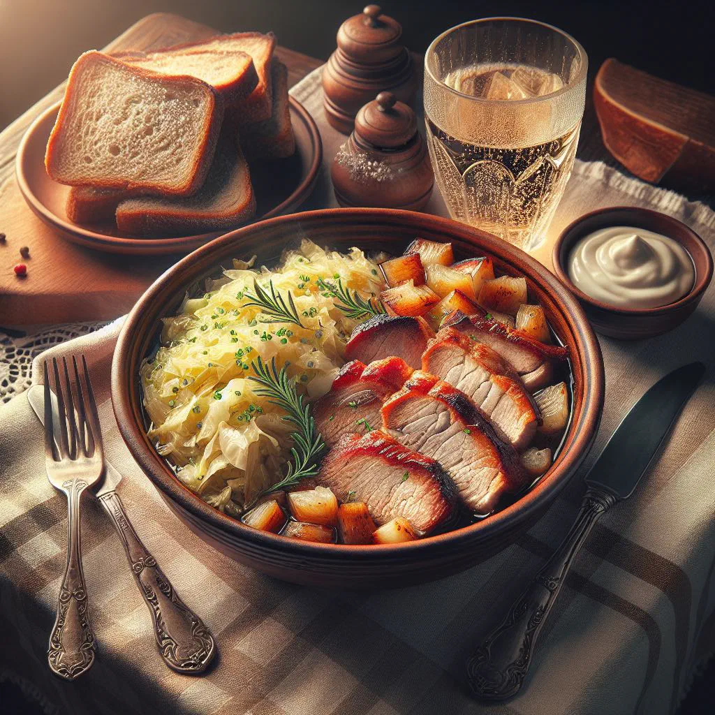 Slovak roast pork braised with sauerkraut, served warm in a bowl