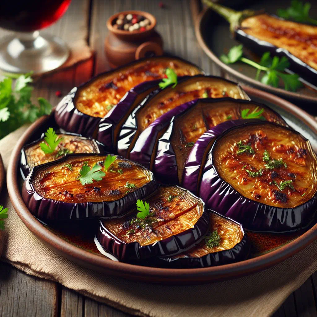 Roasted aubergine slices with garlic, paprika and fresh herbs