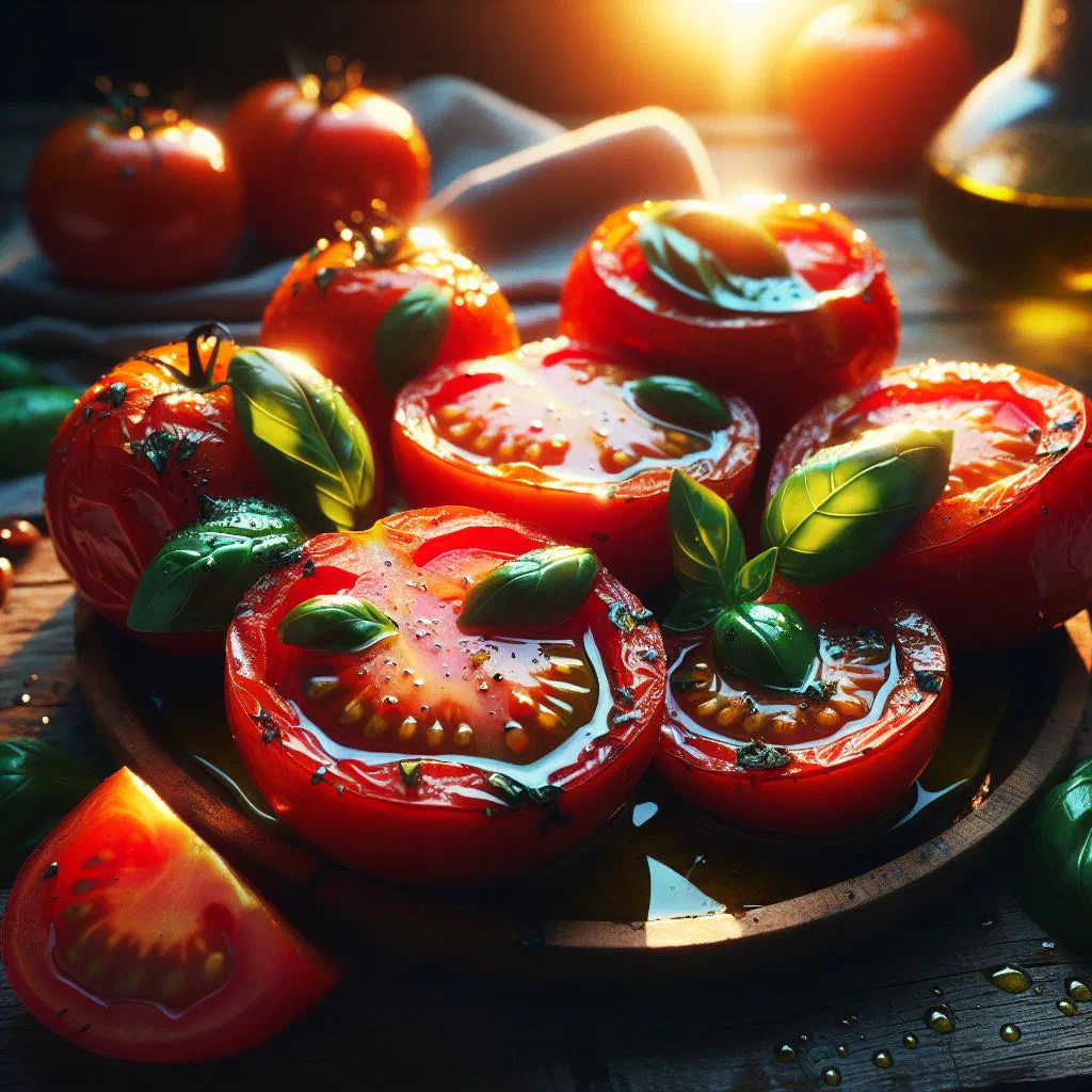 Oven-roasted tomato slices topped with fresh basil leaves