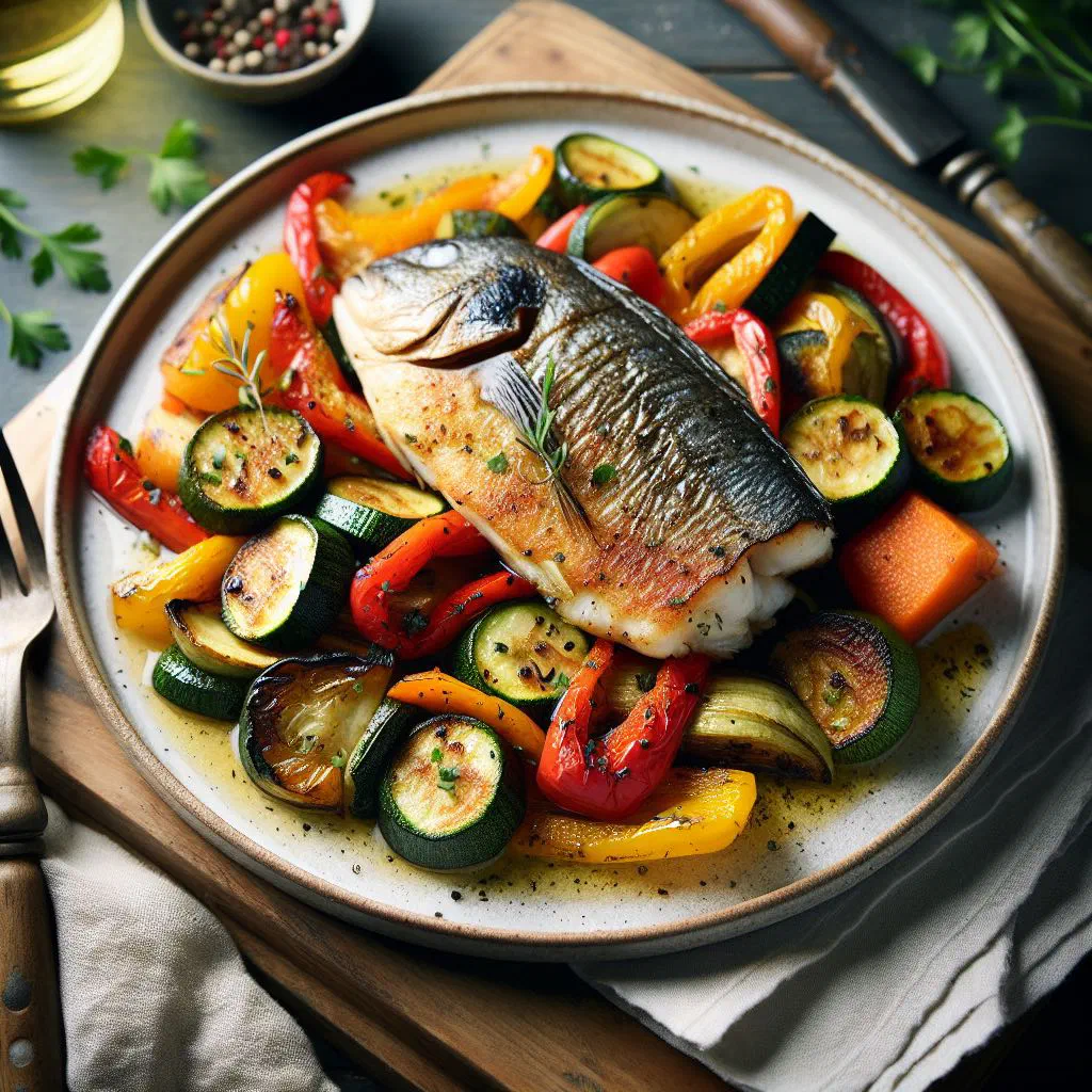 Oven-roasted seasonal vegetables topped with fish, herbs and lemon slices