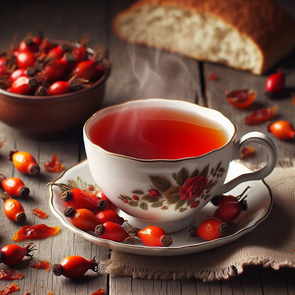 A steaming cup of homemade Slovak rosehip tea with dried rosehips