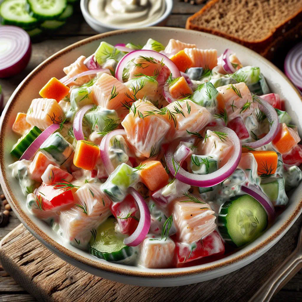 Creamy Slovak fish salad with potatoes, peas and gherkins garnished with parsley