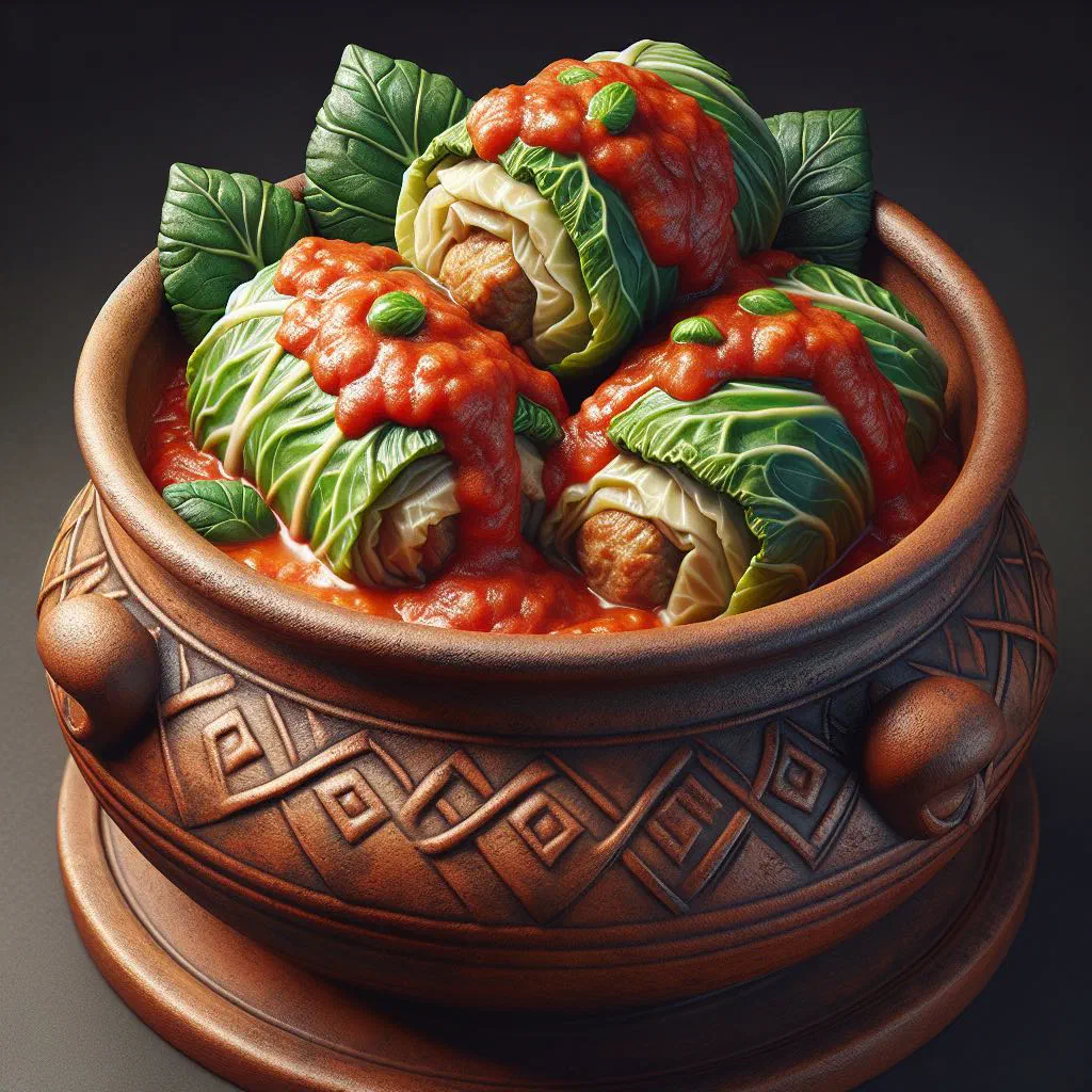 Boiled sauerkraut dumplings with minced meat served with soured cream and fresh parsley