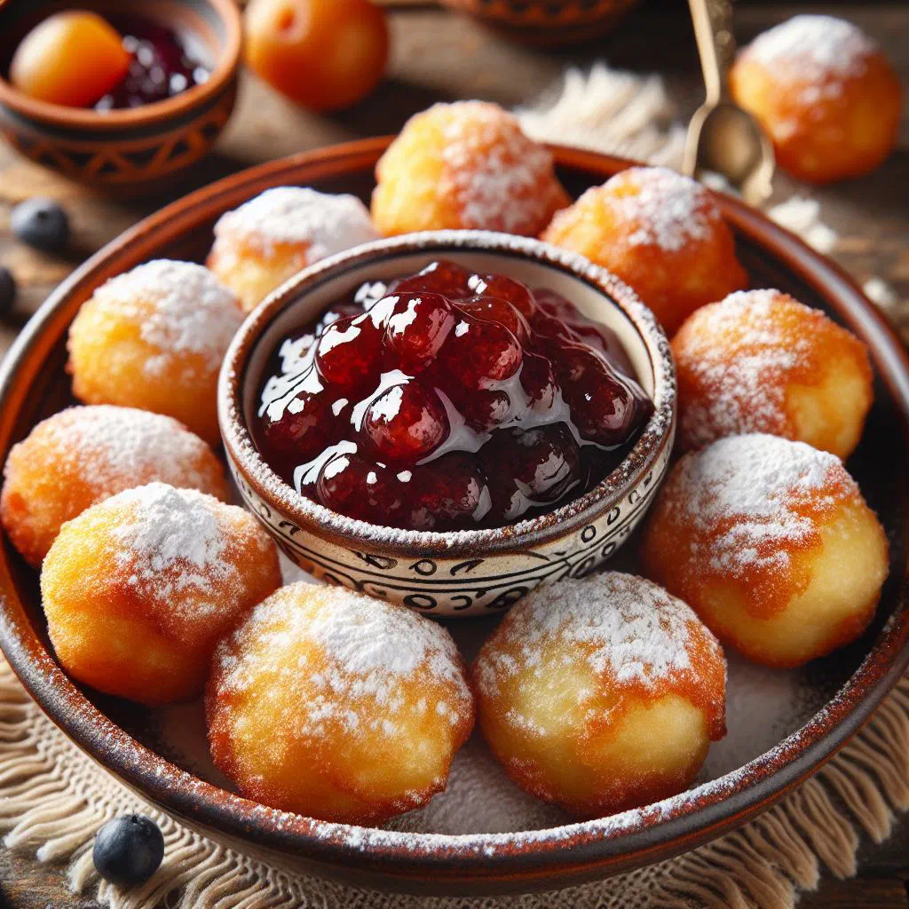 Golden jam-filled doughnuts dusted with icing sugar on a plate