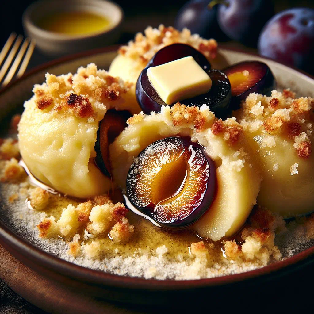 Slovak plum dumplings rolled in buttery toasted breadcrumbs on a plate