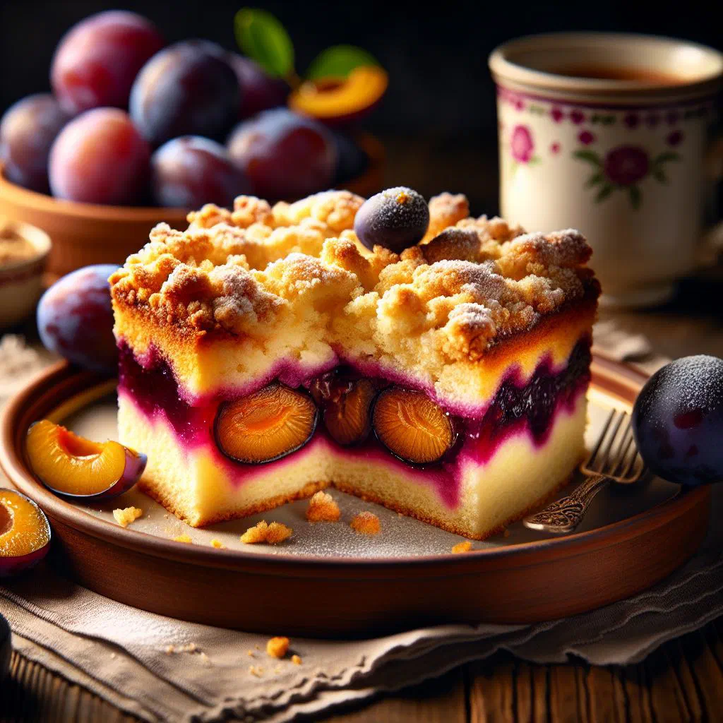 Slovak plum cake topped with golden crumble, dusted with icing sugar