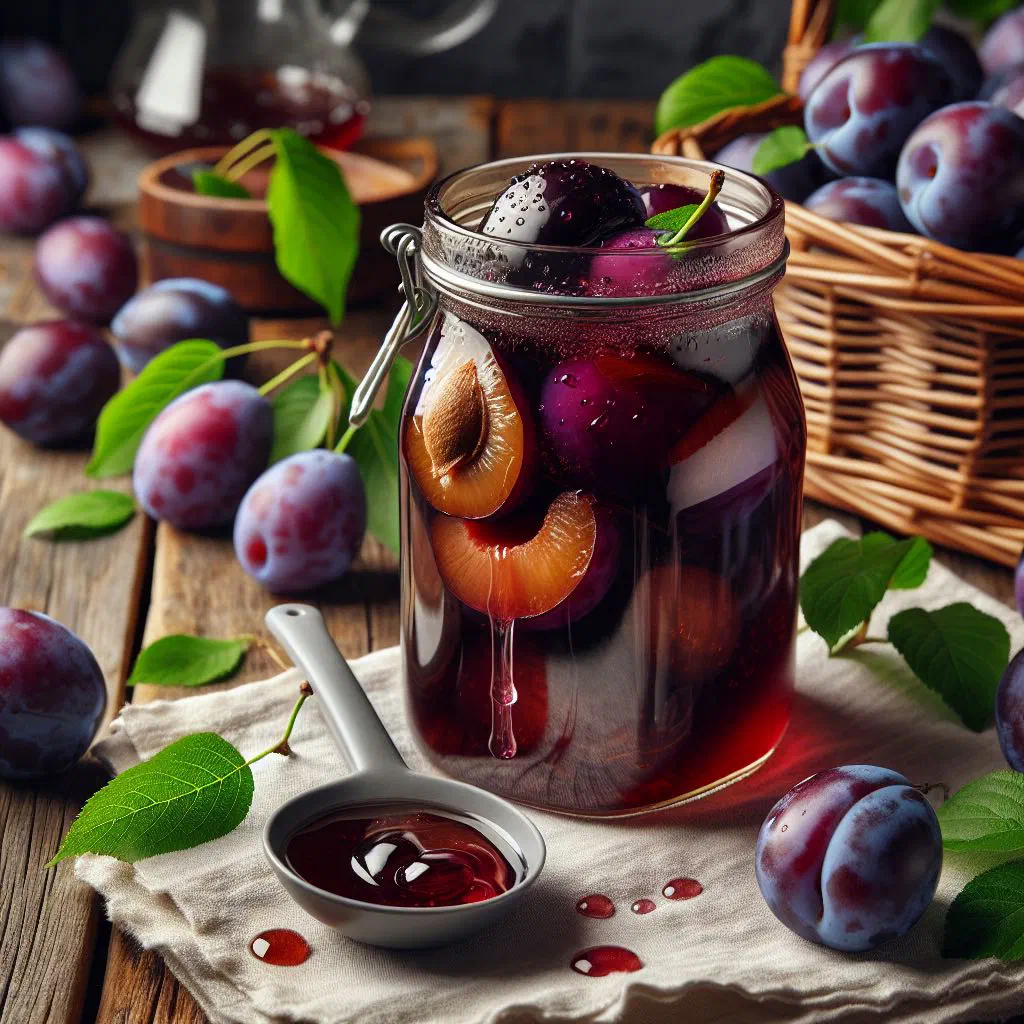 Slivkový kompót plum compote with syrup in a glass dish