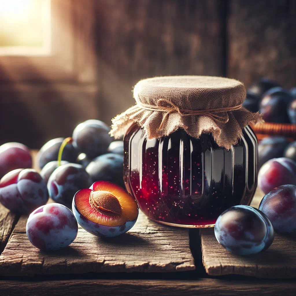 Dark glossy Slovak plum jam in a glass jar with fresh plums