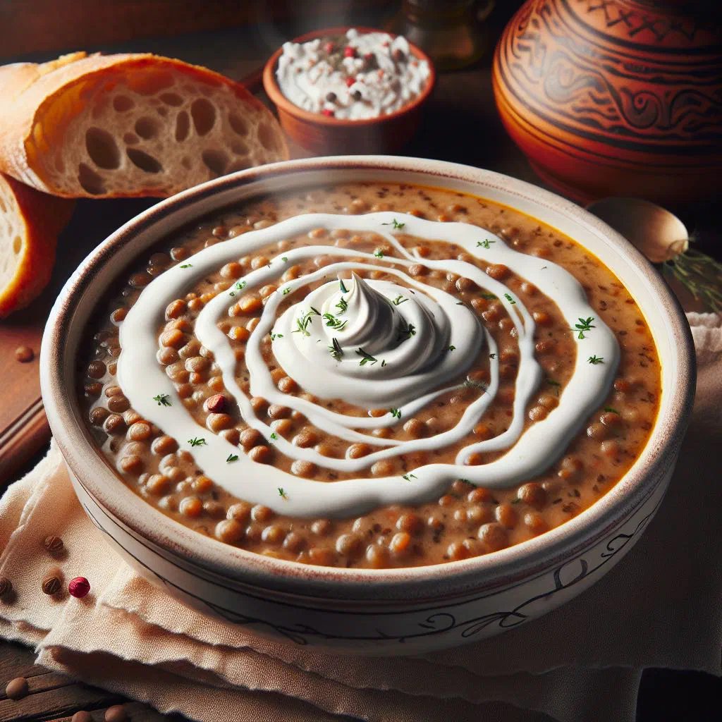 Creamy Slovak lentil soup topped with sour cream and chopped parsley