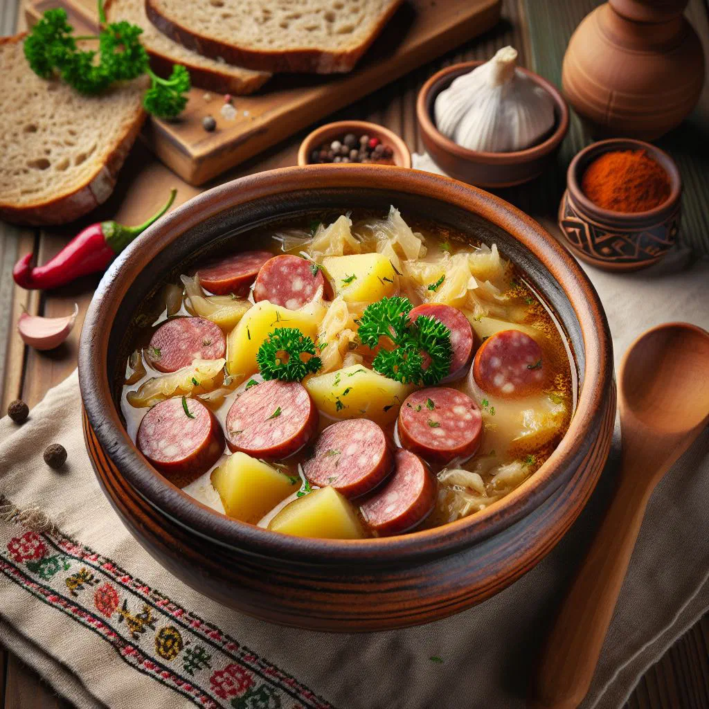 Bowl of Slovak sour soup with sauerkraut and potatoes garnished with fresh herbs