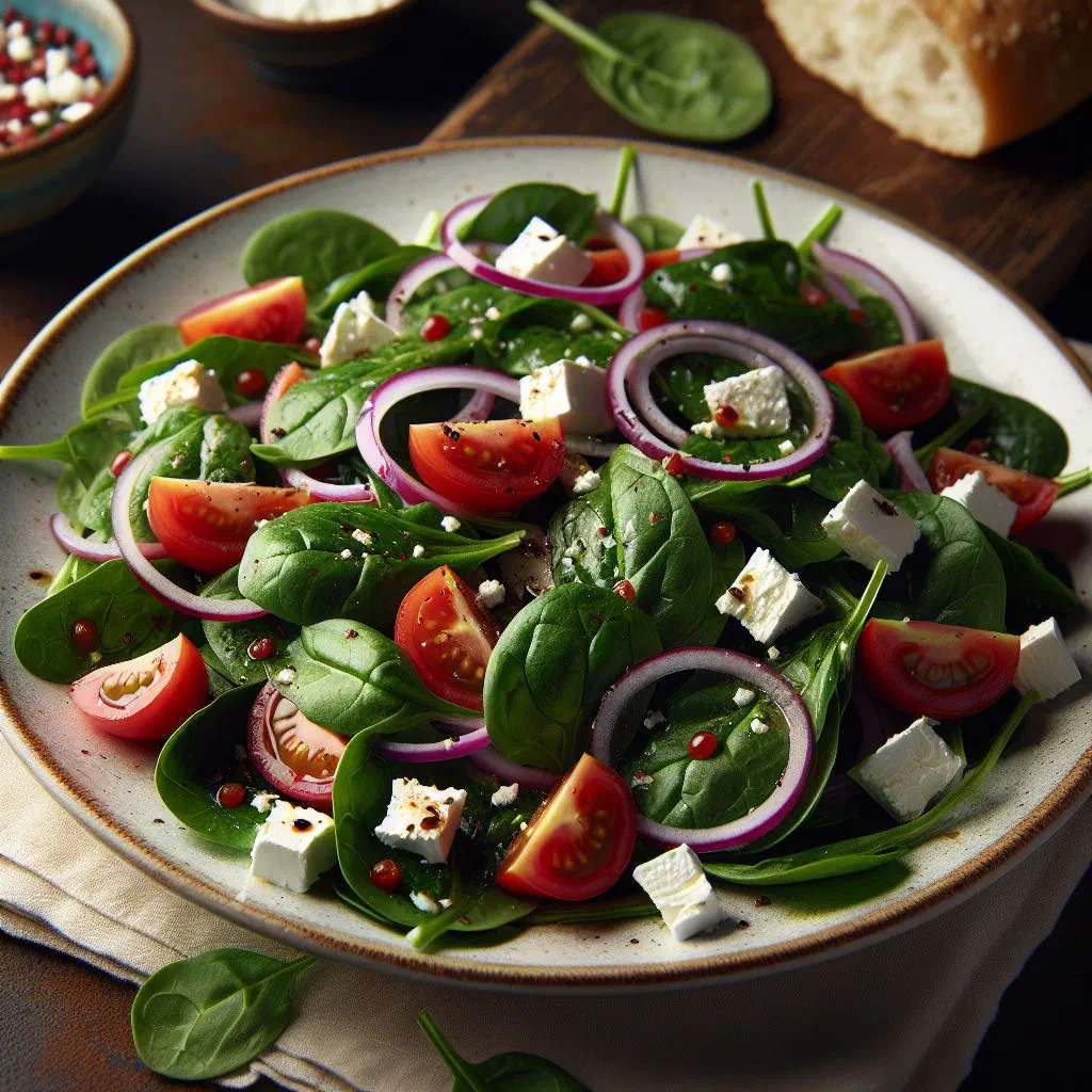 Fresh spinach salad with crumbled cheese, toasted nuts and a light vinaigrette