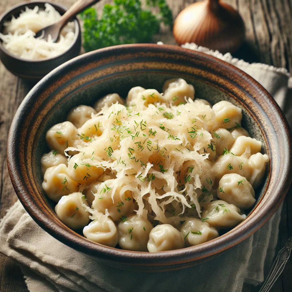 Strapačky s kapustou — soft potato dumplings tossed with sauerkraut and golden onions