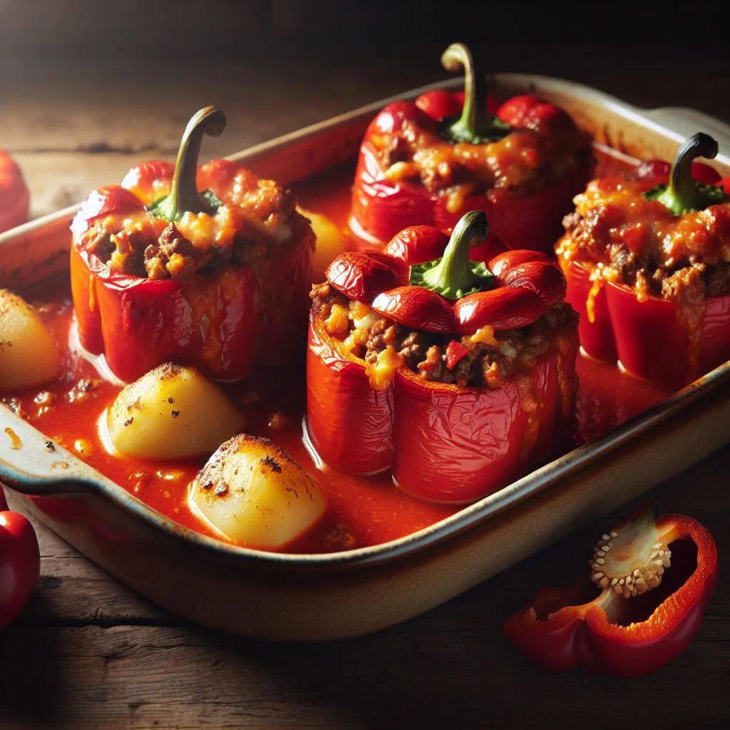 Slovak stuffed peppers in tomato sauce garnished with fresh herbs