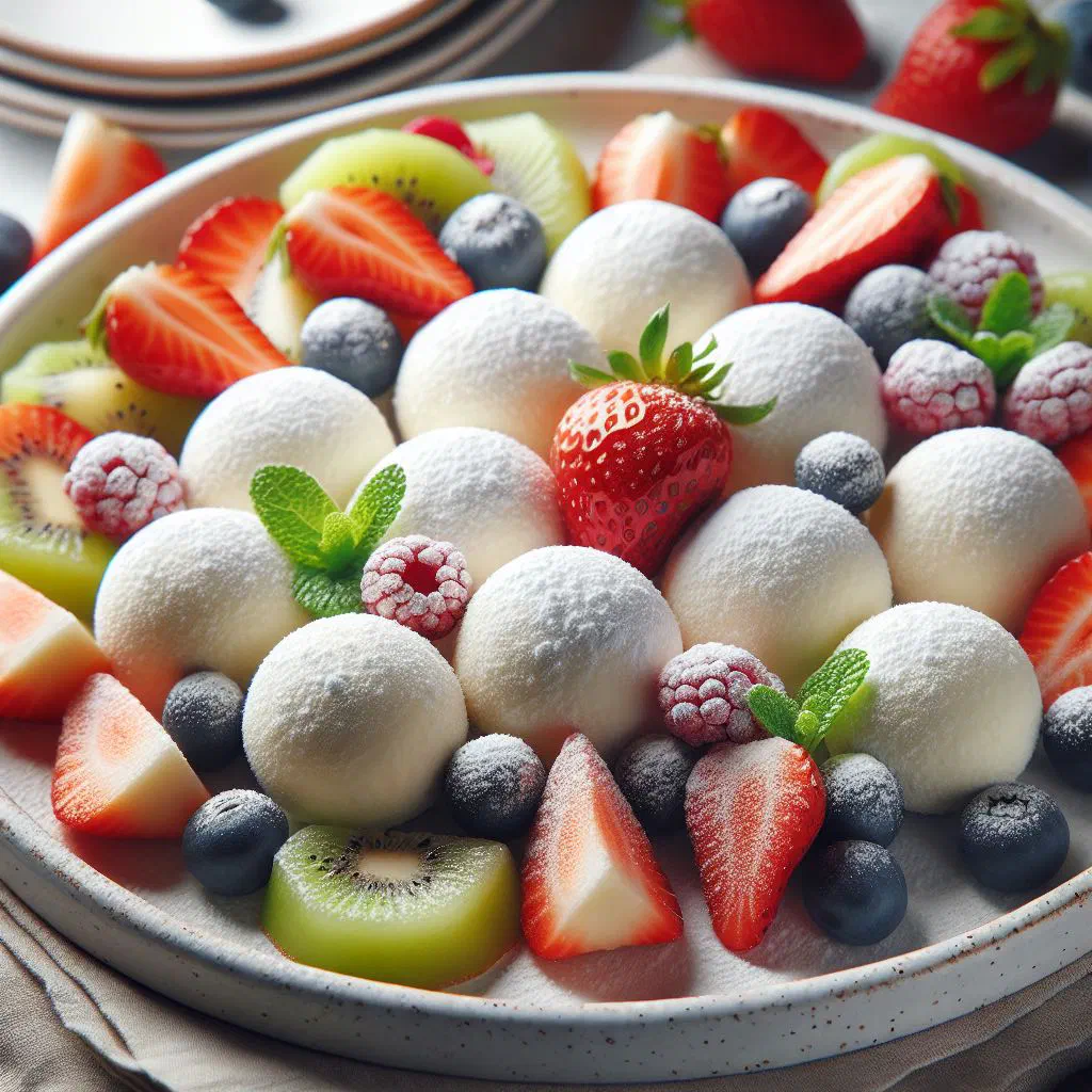 Sweet Slovak quark balls dusted with cinnamon sugar and served with fresh fruit