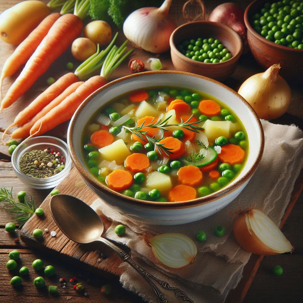 Bowl of Slovak vegetable soup garnished with fresh herbs