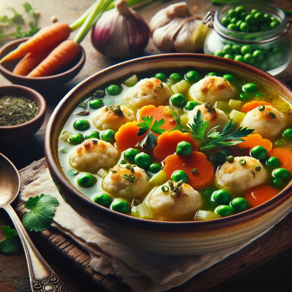 Bowl of Slovak vegetable soup with little dumplings and fresh herbs