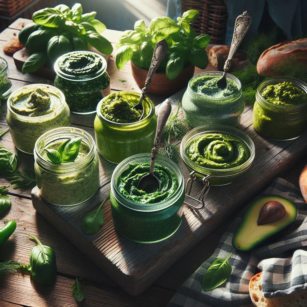 Colourful vegetable spread in a bowl with fresh herbs and bread