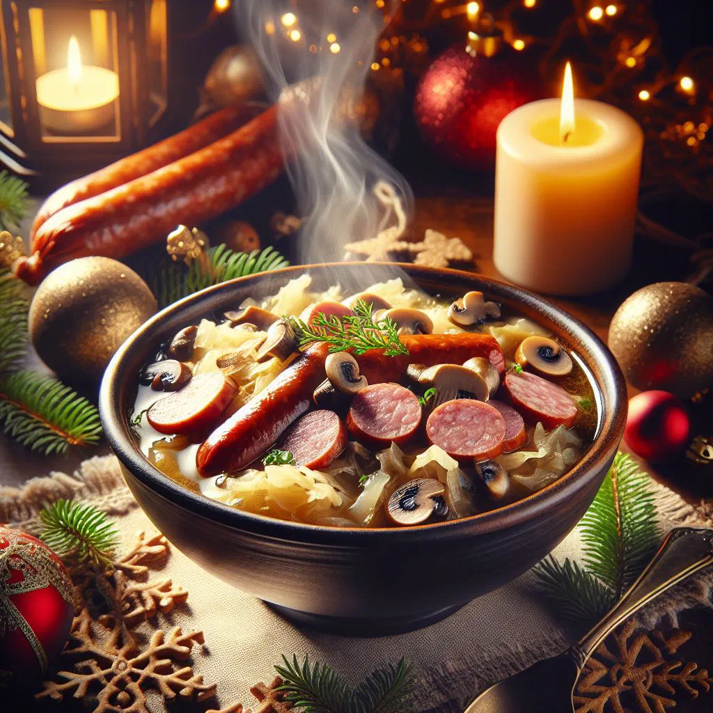 A bowl of Slovak Christmas sauerkraut soup with smoked sausage and mushrooms