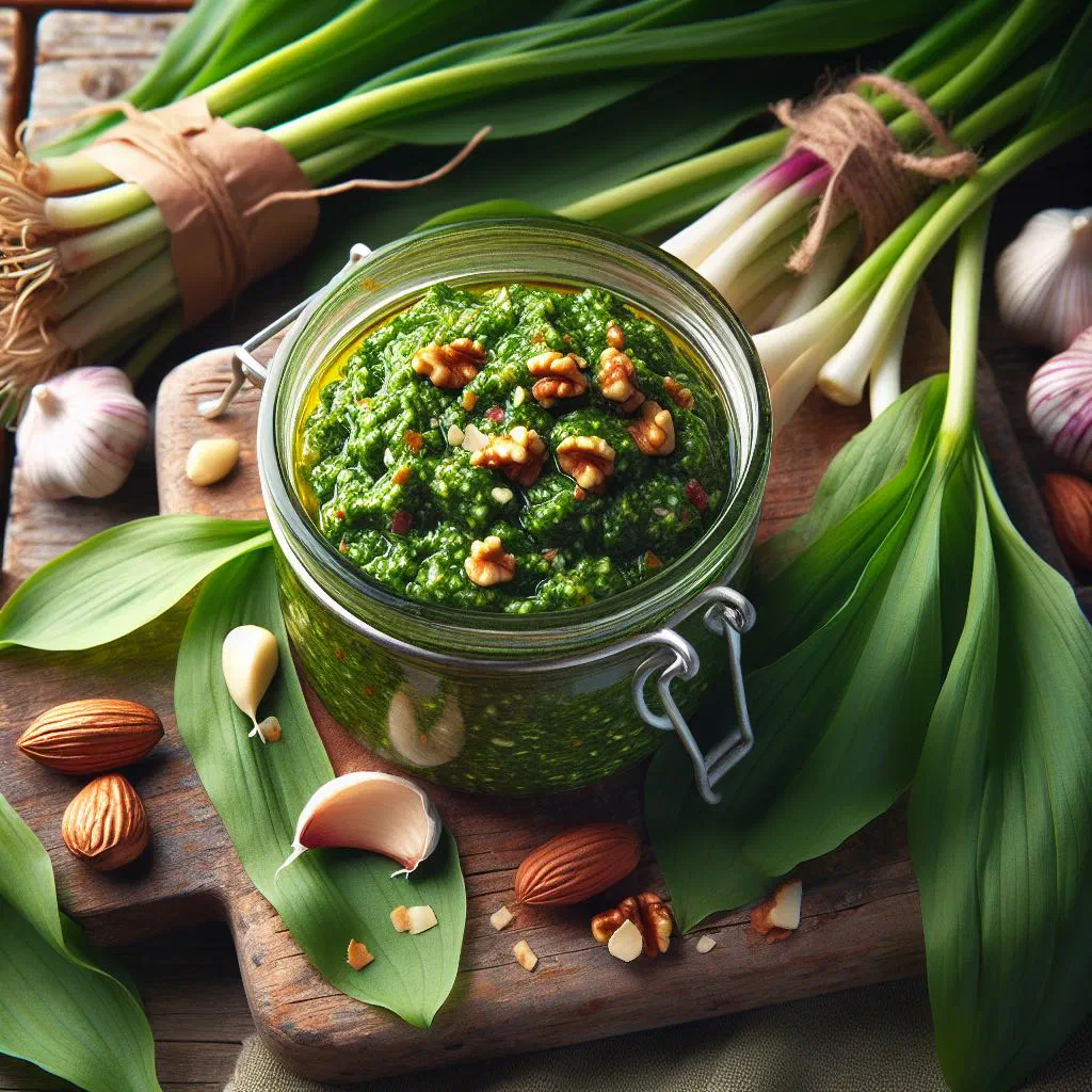 Bowl of bright green wild garlic pesto with toasted nuts and fresh leaves