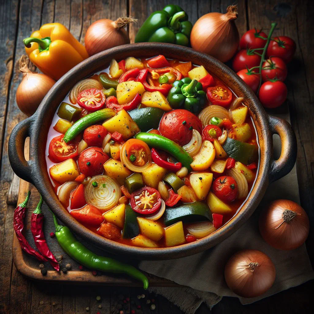 Colourful Slovak vegetable paprikash with peppers, onions and tomatoes in a pan