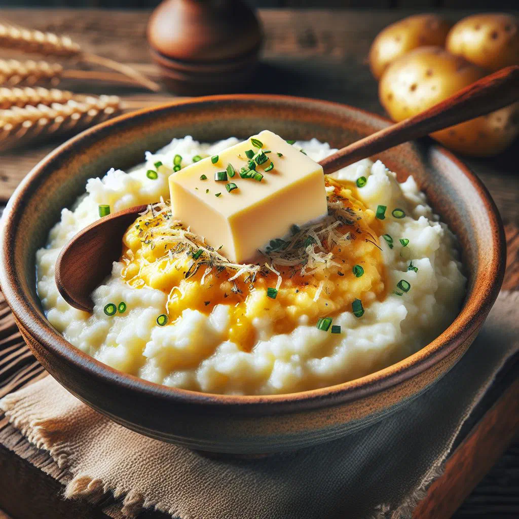 Creamy Slovak mashed potatoes with melted cheese, garnished with fresh herbs